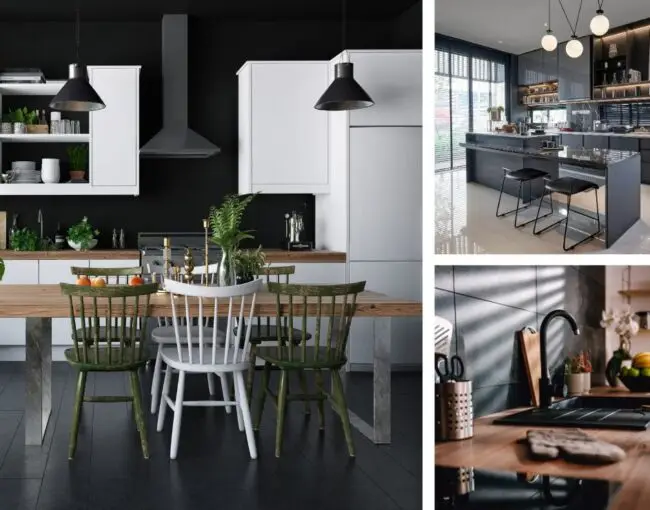 dark kitchen designs, three images of kitchens with darker decor