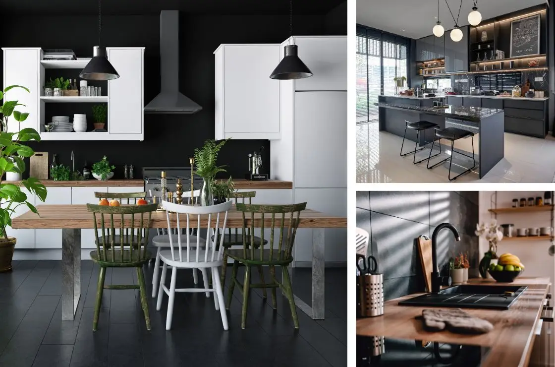 dark kitchen designs, three images of kitchens with darker decor