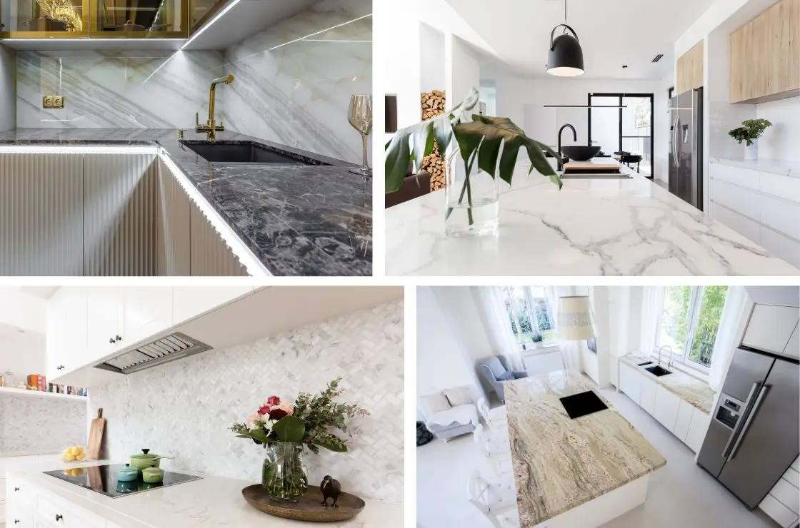 Marble Slabs in a Kitchen Remodel - four different kitchens featuring marble accents