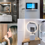 tech trends in bathrooms - different bathrooms with tech accessories like led lighting and a smart mirror