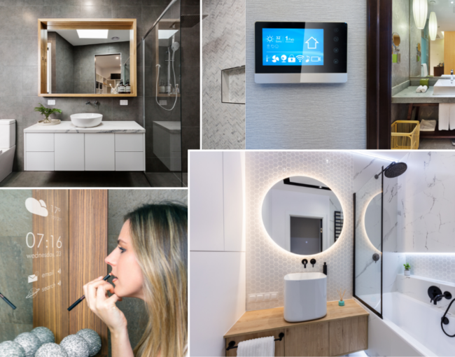 tech trends in bathrooms - different bathrooms with tech accessories like led lighting and a smart mirror