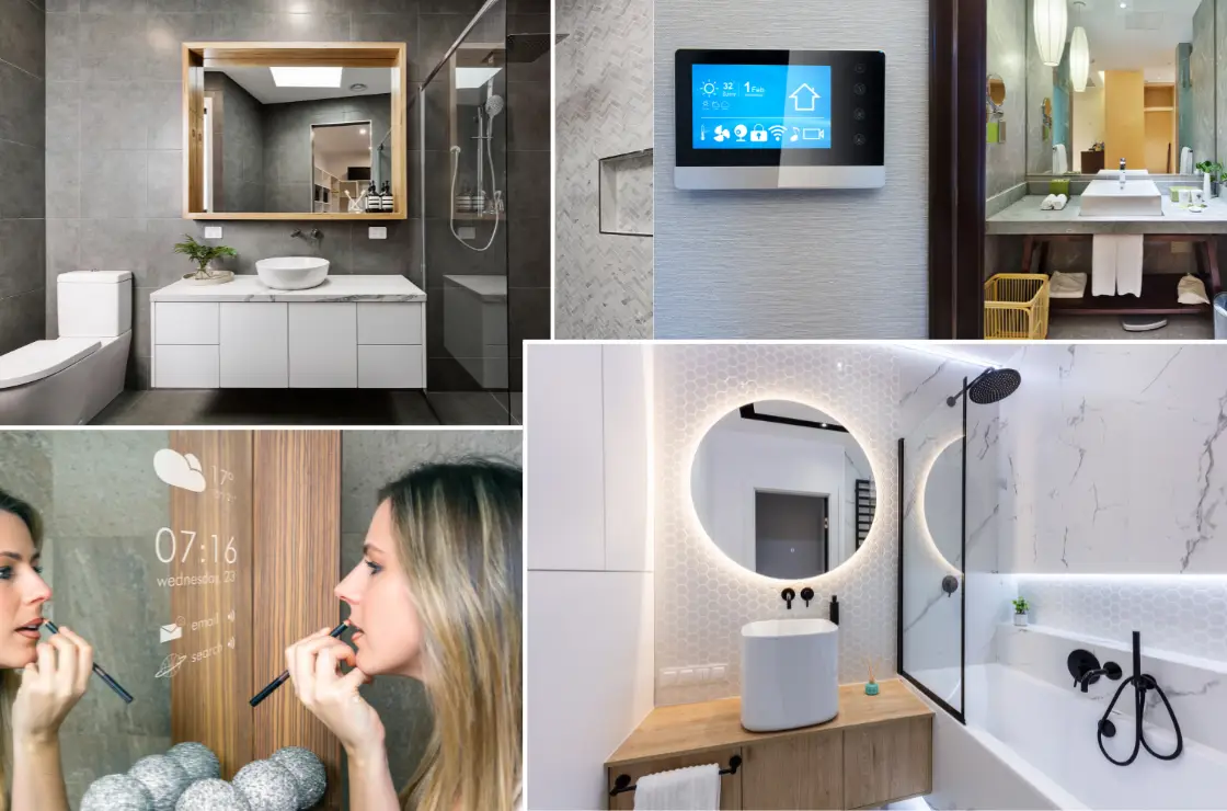 tech trends in bathrooms - different bathrooms with tech accessories like led lighting and a smart mirror